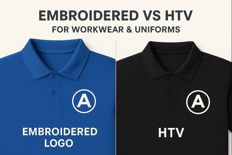 Comparison image showing an embroidered logo on a blue polo shirt and an HTV logo on a black polo shirt for workwear and uniforms.