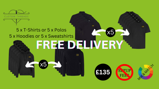 Promotional graphic for customizable clothing with black shirts, hoodies, and sweatshirts on a green background.
