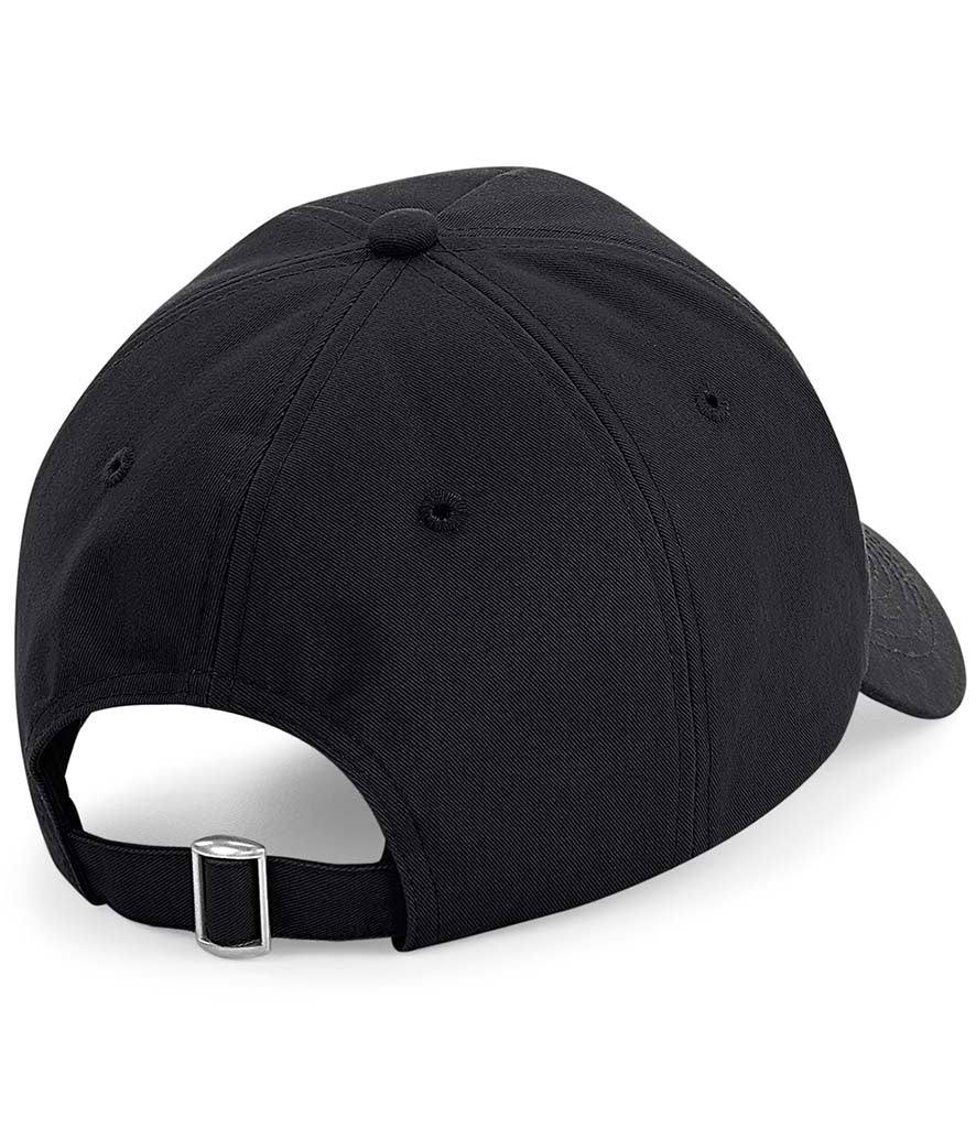 Rear view of unbranded black baseball cap designed for UK workwear customisation.