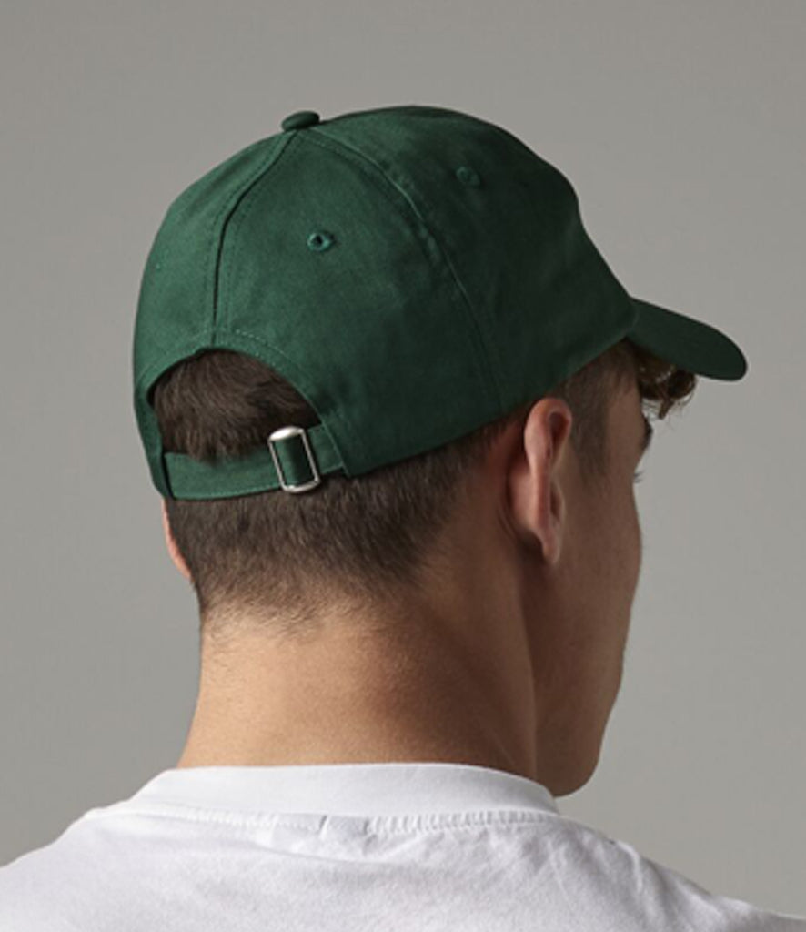 Back view of a plain bottle green baseball cap designed for UK branded workwear.