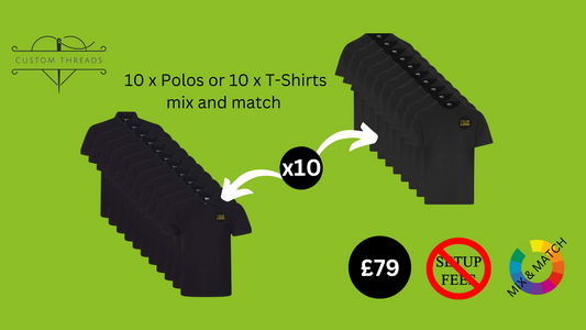 Promotional graphic for polos or t-shirts with pricing and branding on a green background.