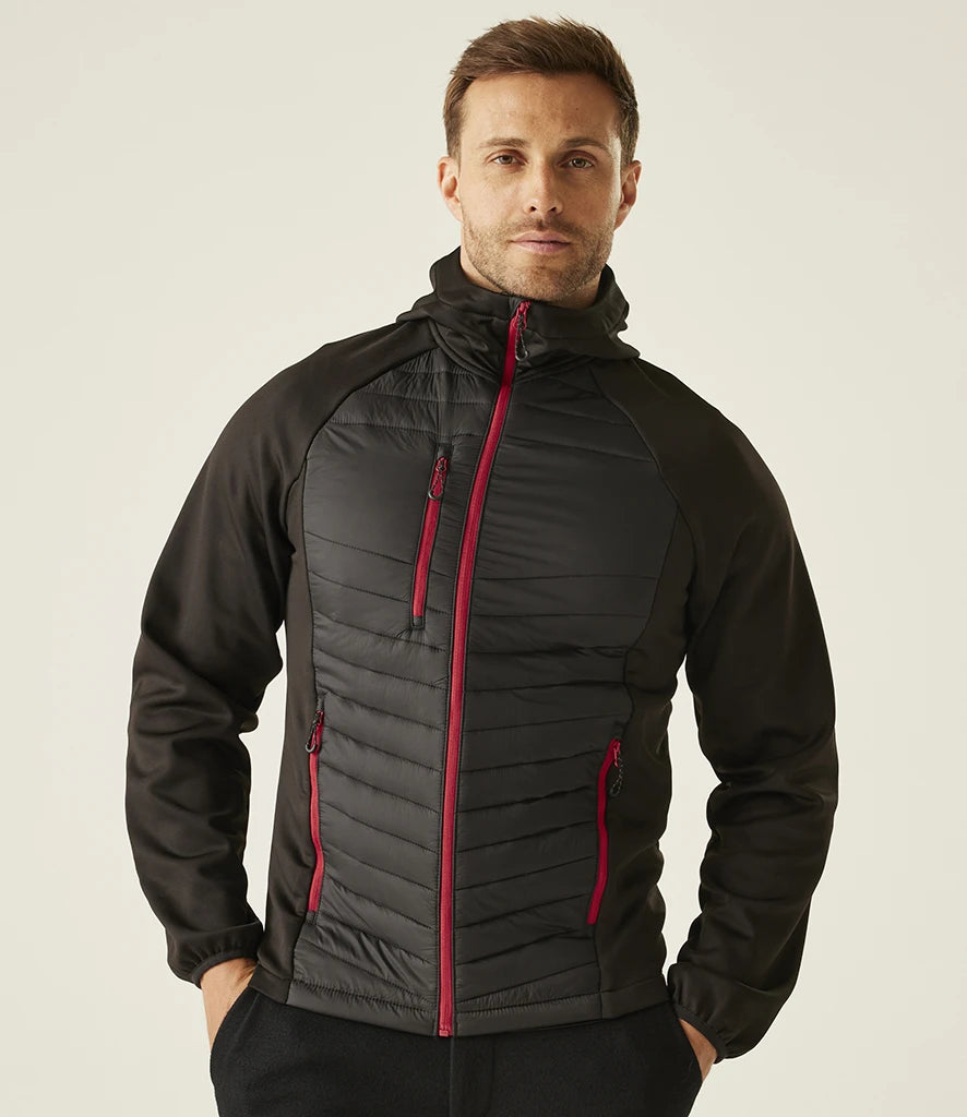 Front view of black Regatta Navigate Hybrid Jacket with red trim zipped up