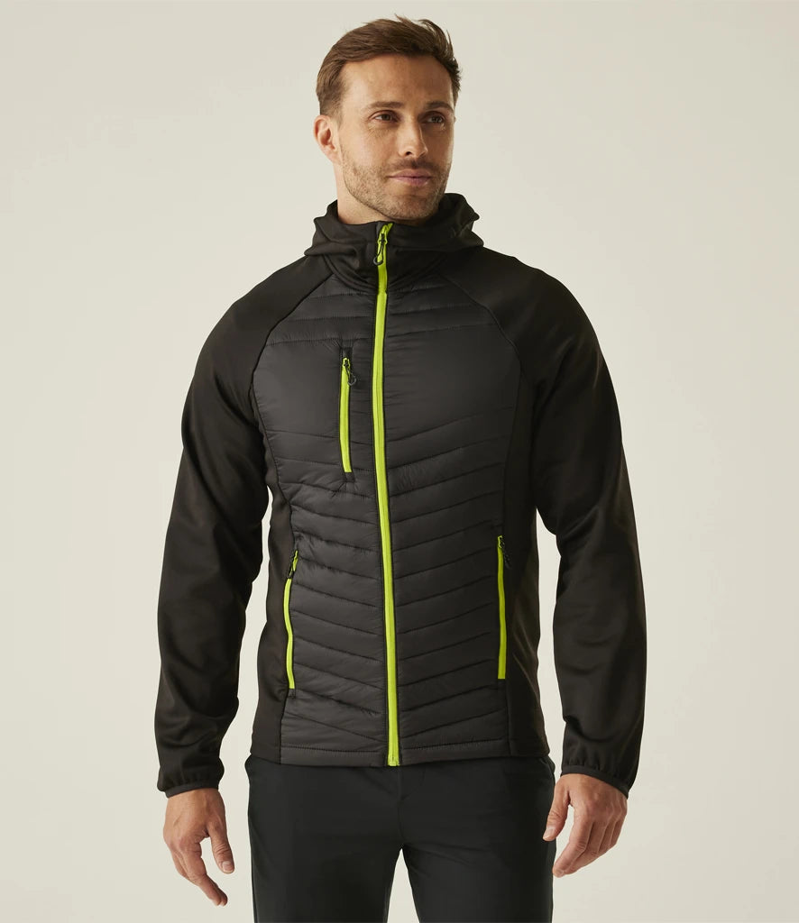 Model wearing black Regatta Navigate Hybrid Jacket with lime trim