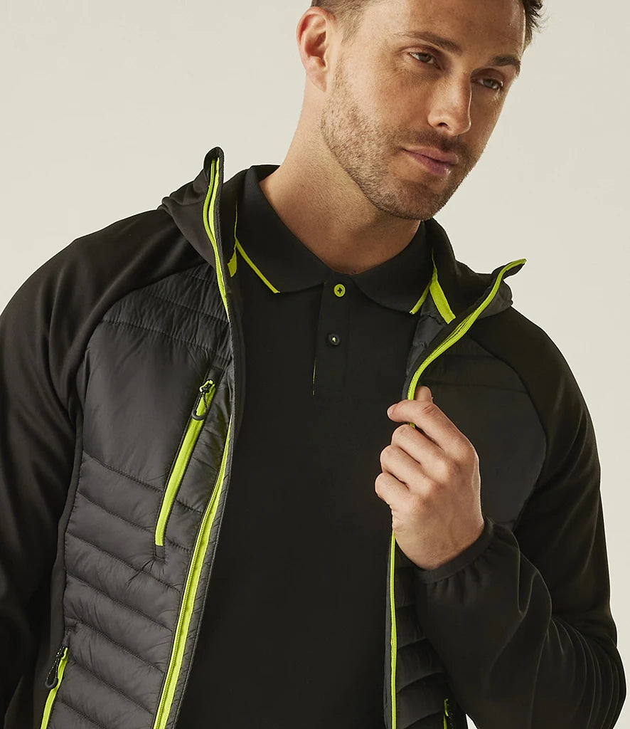 Close-up of black Regatta Navigate Hybrid Jacket with lime trim and chest zip pocket