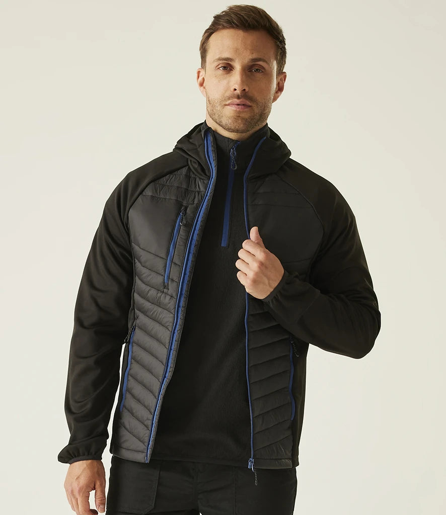 Model wearing black Regatta Navigate Hybrid Jacket with navy trim