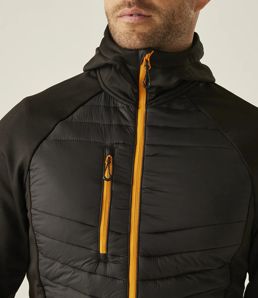 Close-up of black Regatta Navigate Hybrid Jacket with orange trim and chest pocket