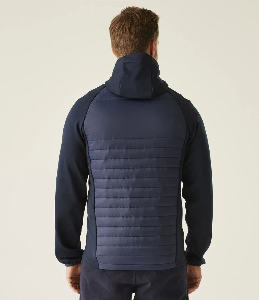 Back view of navy Regatta Navigate Hybrid Jacket showing padded back and hood