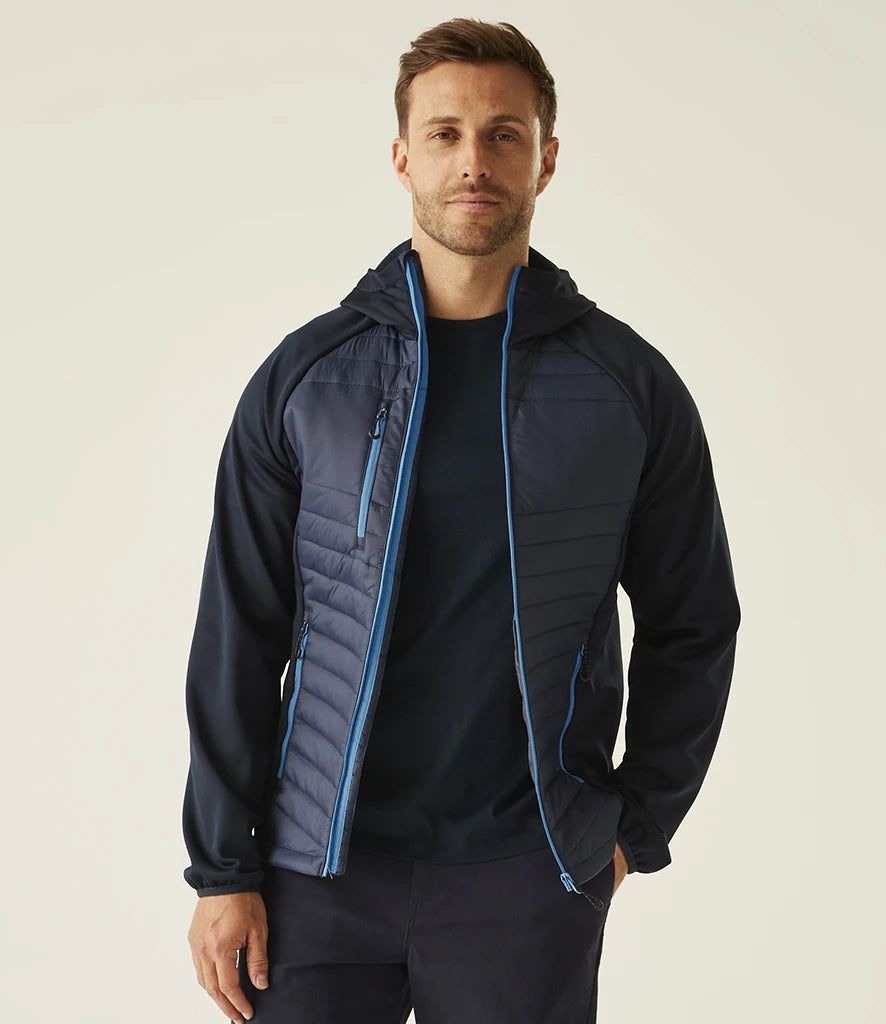 Front view of navy Regatta Navigate Hybrid Jacket with blue trim