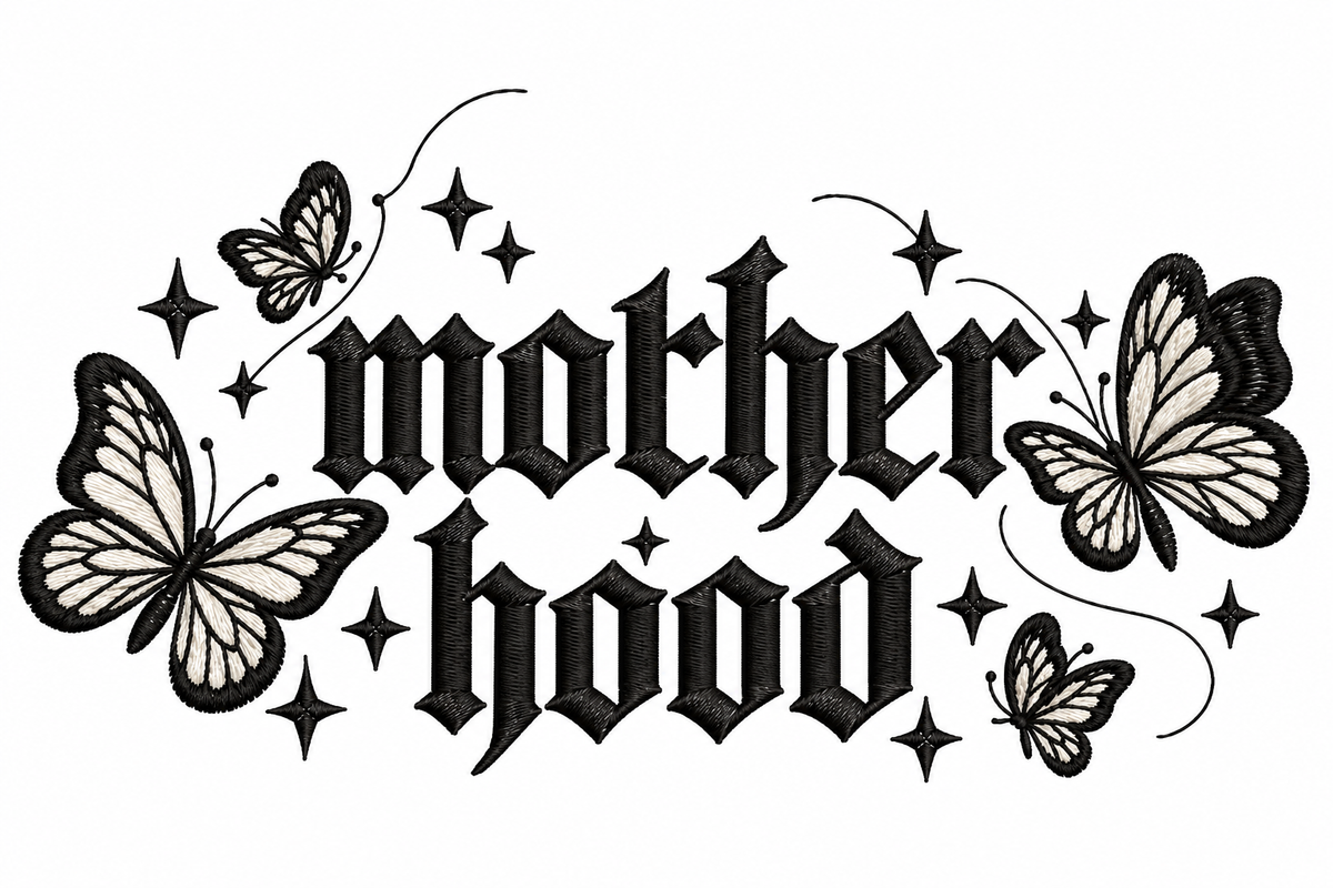 Motherhood lettering with butterflies and stars embroidery design