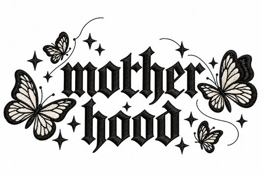 Motherhood lettering with butterflies and stars embroidery design